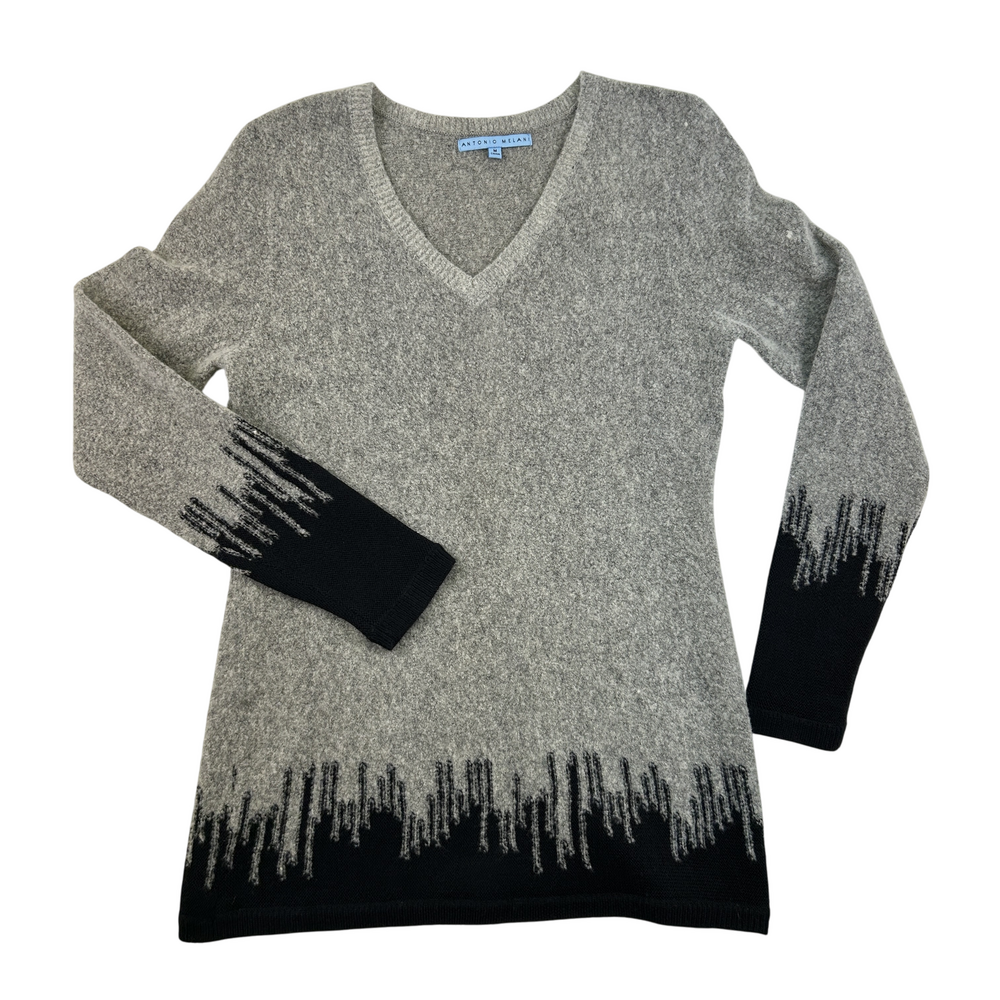 Antonio Melani Sweater Womens Medium Wool Blend V-Neck Gray Black Ombre Knit
